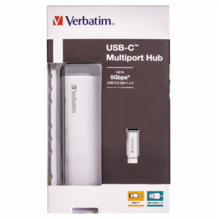 Hub USB Verbatim 49147, 4x USB, 1x USB-C, Silver
