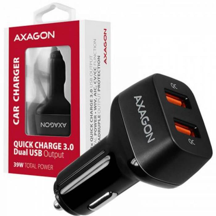Incarcator auto Axagon PWC-DQC, 2x USB 3.0, 3A, Black