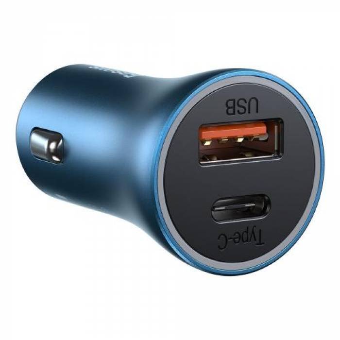 Incarcator auto Baseus Golden Contactor, 1x USB + 1x USB-C, 3A, Blue