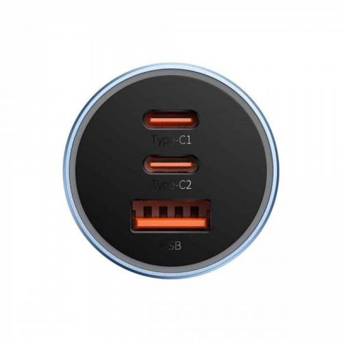 Incarcator auto Baseus Golden Contactor Pro Triple, 2x USB-C, 1x USB, 3A, Gray