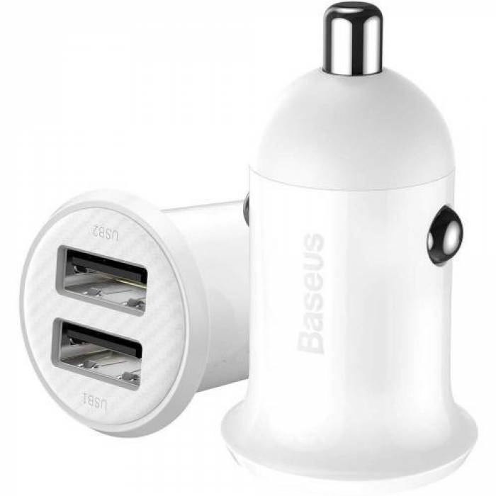 Incarcator auto Baseus Grain Pro, 2x USB, 2.4A, White