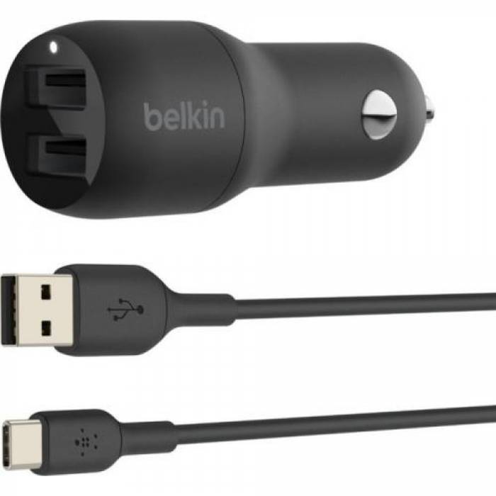 Incarcator auto Belkin Boost Charger Dual, 2x USB Tip A, 24W, Black + Cablu de date Belkin Boost Charge, USB Tip A - USB Tip C, 1m, Black