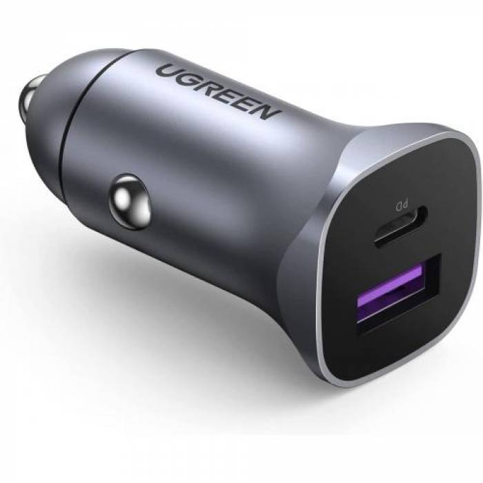 Incarcator auto Ugreen CD130 QC, 1x USB-C, 1x USB, 3A, Gray