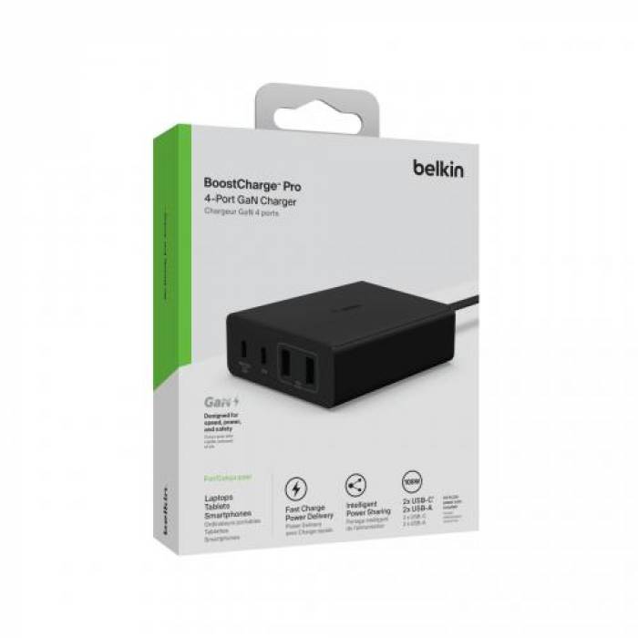 Incarcator Belkin WCH010VFBK, 2x USB-A 2.0, 2x USB-C, Black