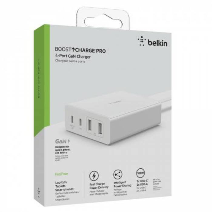 Incarcator Belkin WCH010VFWH, 2x USB-A 2.0, 2x USB-C, White