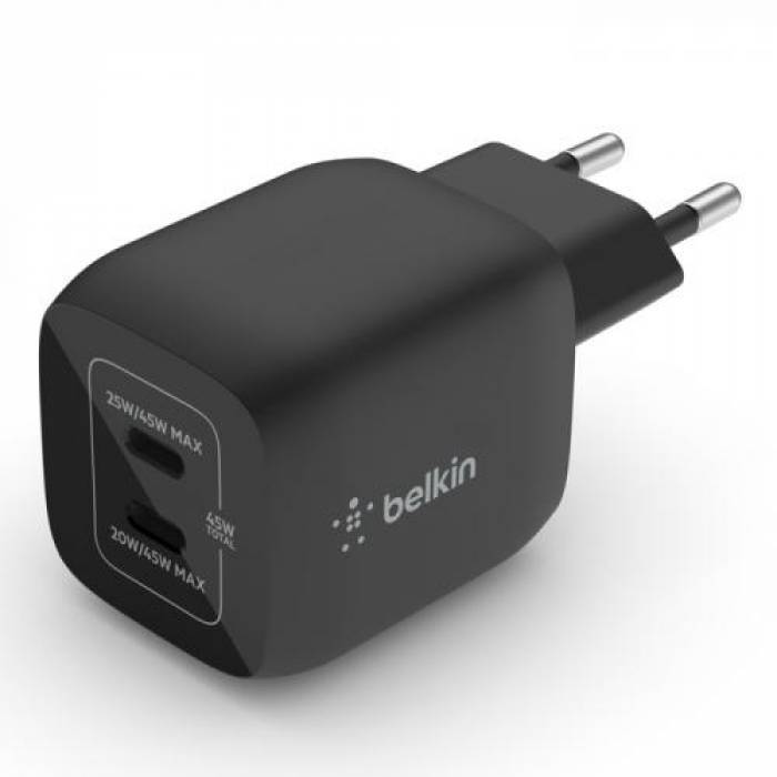 Incarcator Belkin WCH011VFBK, 2x USB-C, 45W, Black