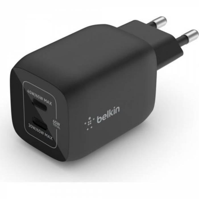 Incarcator Belkin WCH013VFBK, 2x USB-C, 65W, Black