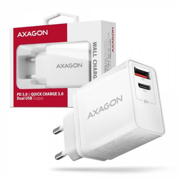 Incarcator retea Axagon ACU-PQ22W, USB 3.0 + USB-C, 22W, White