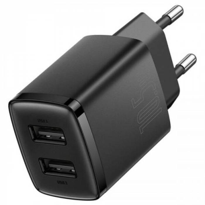 Incarcator retea Baseus Compact, 2x USB-A, 10.5W, Black