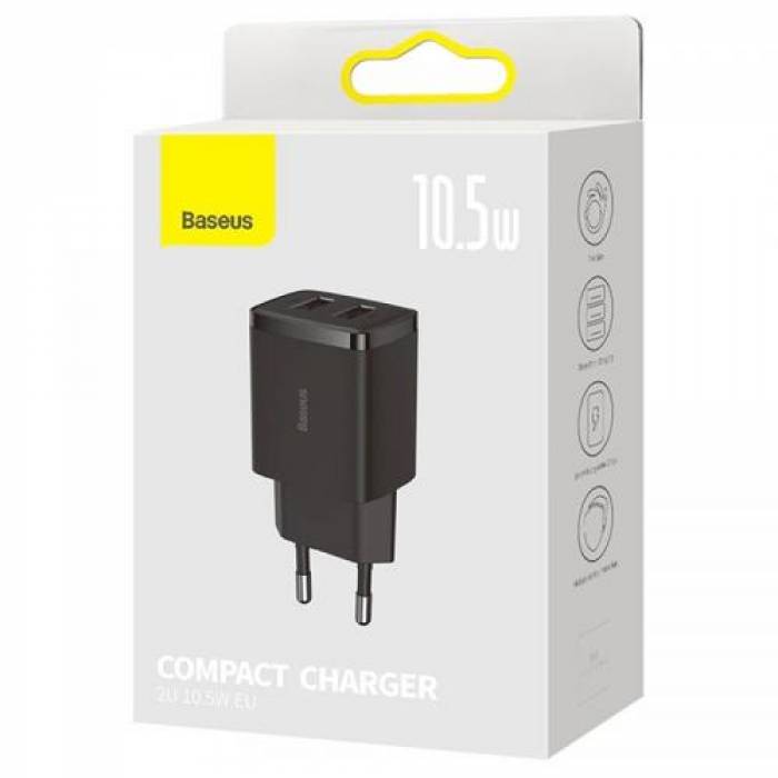 Incarcator retea Baseus Compact, 2x USB-A, 10.5W, Black