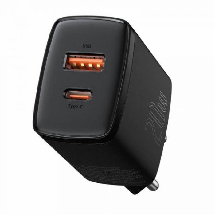  Incarcator retea Baseus Compact CCXJ-B01, 1x USB-C + 1x USB, 3A, Black