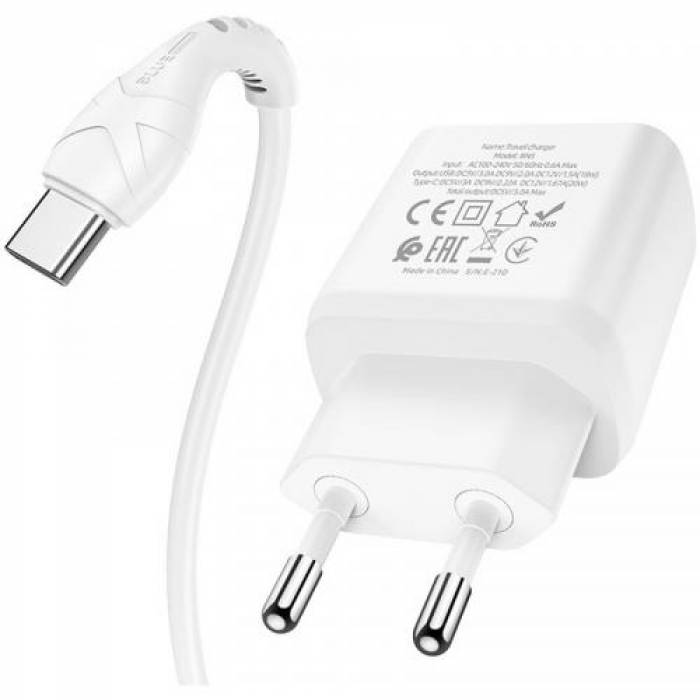 Incarcator retea Blue Power BCN5, 1x USB, 1x USB-C, 3A, White