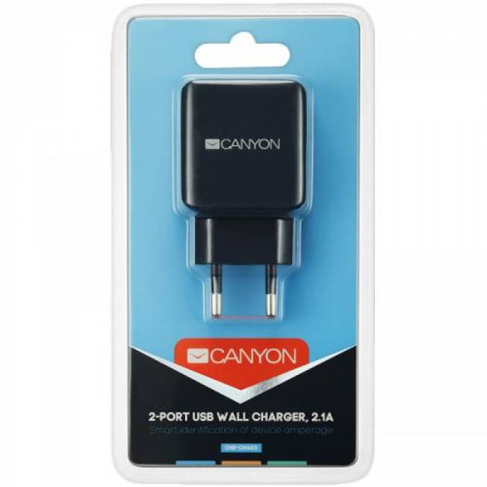 Incarcator Retea Canyon CNE-CHA03B, 2x USB, 2.1A, Black