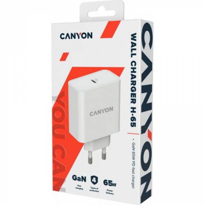 Incarcator retea Canyon CNE-CHA65W01, 1x USB-C, 3A, White