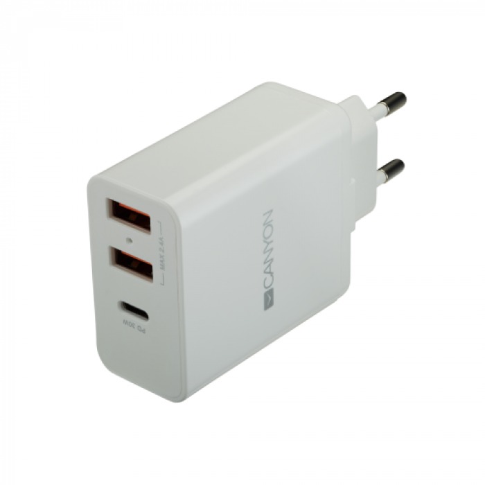 Incarcator retea Canyon H-08, 30W, 2x USB Tip A, 1x USB Tip C, White