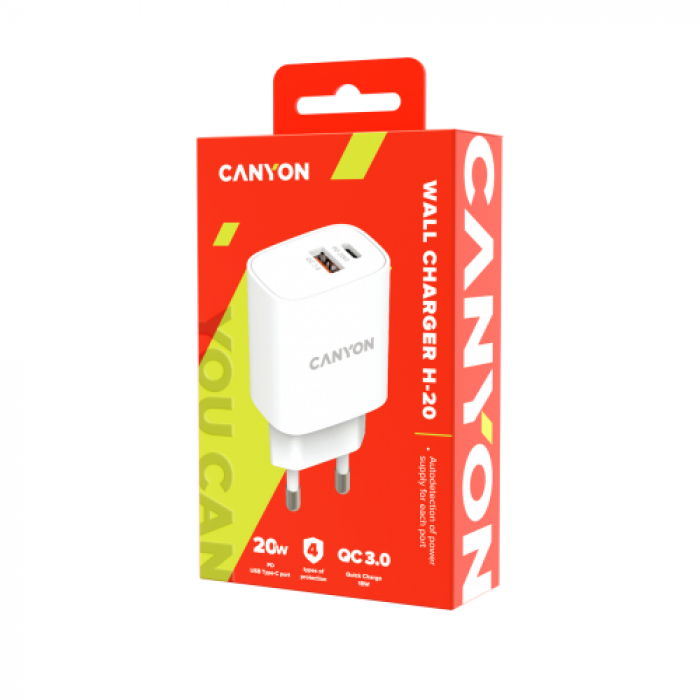 Incarcator retea Canyon H-20-04, 1x USB-C, 1x USB, 3A, White