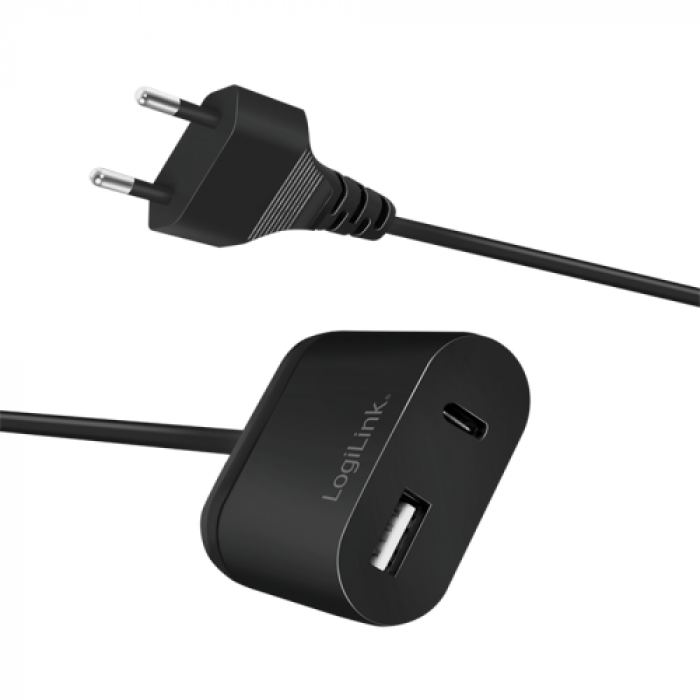 Incarcator retea Logilink PA0256, 1xUSB, 1x USB Tip C, 2.4A, Black