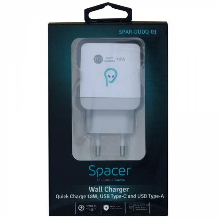 Incarcator retea Spacer SPAR-DUOQ-01, 18W, USB Tip C+ USB Tip A, White