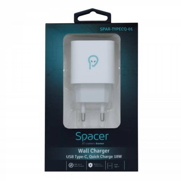 Incarcator retea Spacer SPAR-TYPECQ-01, USB-C, 3A, White