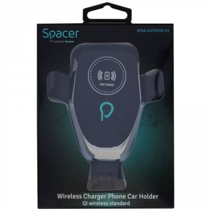 Incarcator wireless auto Spacer SPAA-AUTOCHG-01 cu suport auto, Black