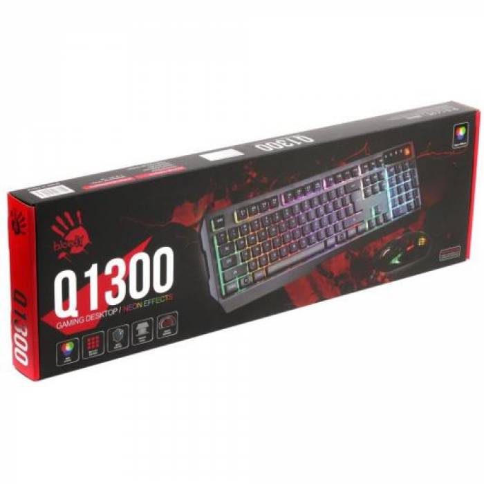 Kit A4Tech Q1300 - Tastatura Bloody RGB LED, USB, Black + Mouse Optic RGB LED, USB, Black