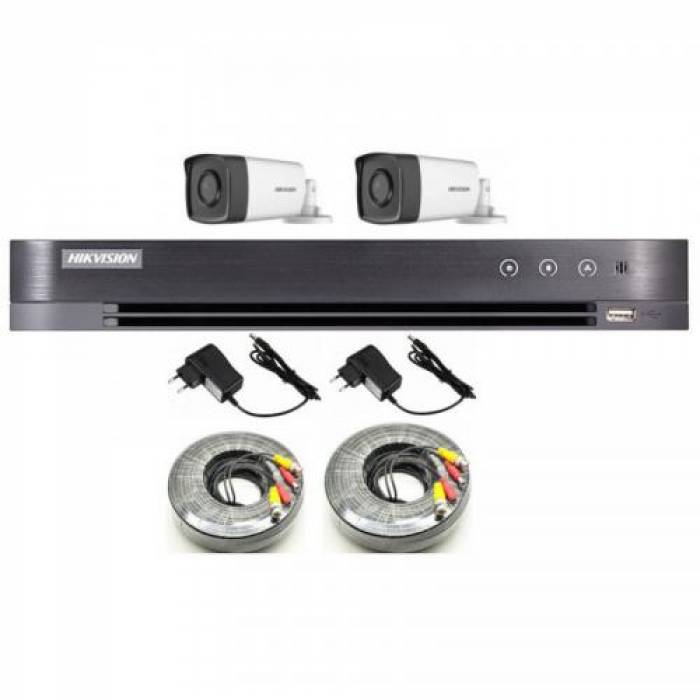 Kit Camere de supraveghere DVR HD Hikvision IDS-7204HUHI-M1/SC + 2 Camere HD Bullet DS-2CE17H0T-IT3F2C + 2 Sursa LN-EU12V1A