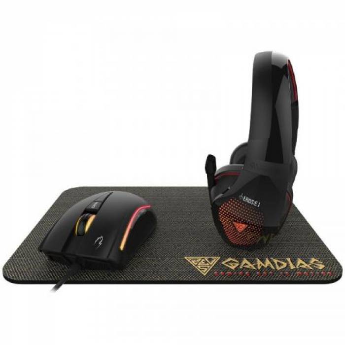 Kit Gamdias Artemis 3 in 1 - Mouse optic Zeus E2 RGB LED, USB, Black + Casti Eros E1 RGB LED, USB/Jack 3.5mm, Black + Mouse Pad NYX E1, Black