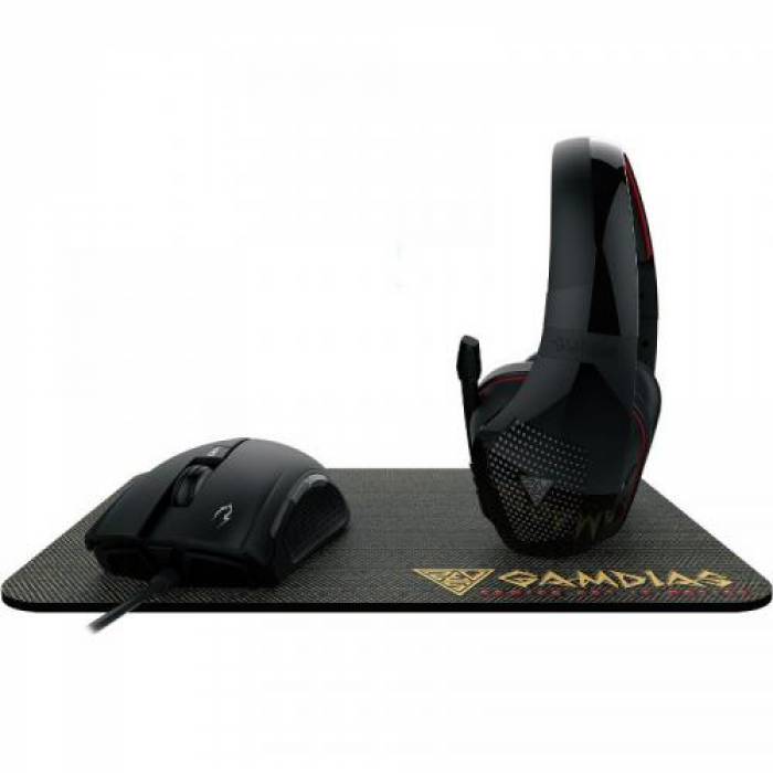 Kit Gamdias Artemis 3 in 1 - Mouse optic Zeus E2 RGB LED, USB, Black + Casti Eros E1 RGB LED, USB/Jack 3.5mm, Black + Mouse Pad NYX E1, Black