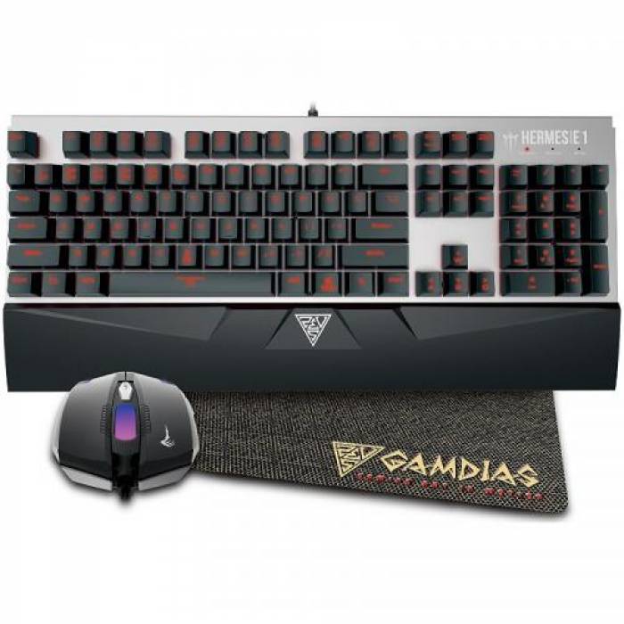 Kit Gamdias HERMES E1 COMBO - Tastatura Hermes E1 Gamdias Brown, Red LED, USB, Black-Silver + Mouse optic Demeter E2, USB, Black + Mouse Pad NYX E1, Black