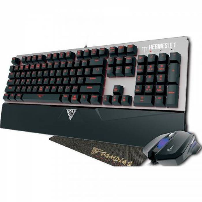 Kit Gamdias HERMES E1 COMBO - Tastatura Hermes E1 Gamdias Brown, Red LED, USB, Black-Silver + Mouse optic Demeter E2, USB, Black + Mouse Pad NYX E1, Black