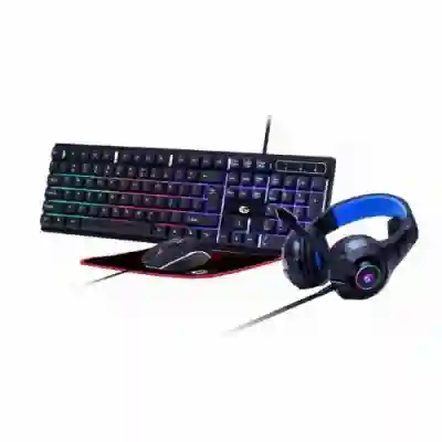 Kit Gembird 4-in-1 Ghost - Tastatura, USB, RGB LED, Black + Mouse Optic, USB, Black + Casti cu microfon, USB, Black + Mouse Pad, Black