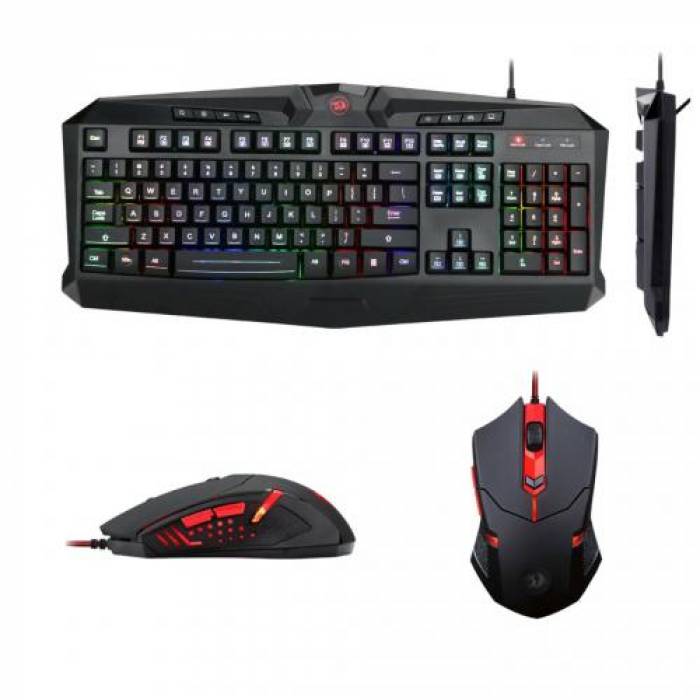 Kit Redragon Essentials - Tastatura, RGB LED, USB, Black + Mouse Optic, USB, Black-Red