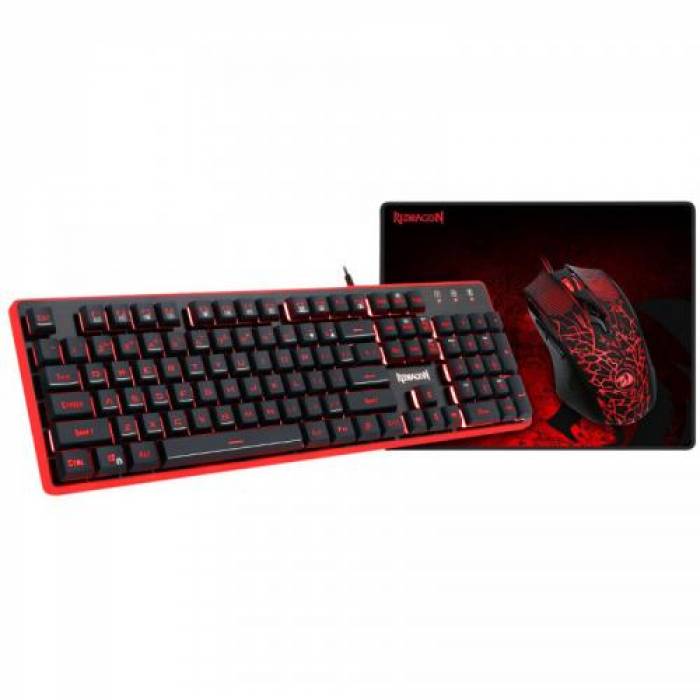 Kit Redragon S107 Essentials - Tastatura Dyaus, RGB LED, USB, Black + Mouse Optic, USB, Black + Mouse Pad, Black-Red