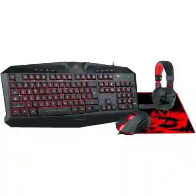 Kit Redragon - Tastatura Harpe Red LED, USB, Black + Mouse Optic Pegasus, USB, Black-Red + Casti Stereo Garuda, jack, Black-Red + Mouse Pad Archelon M, Black-Red