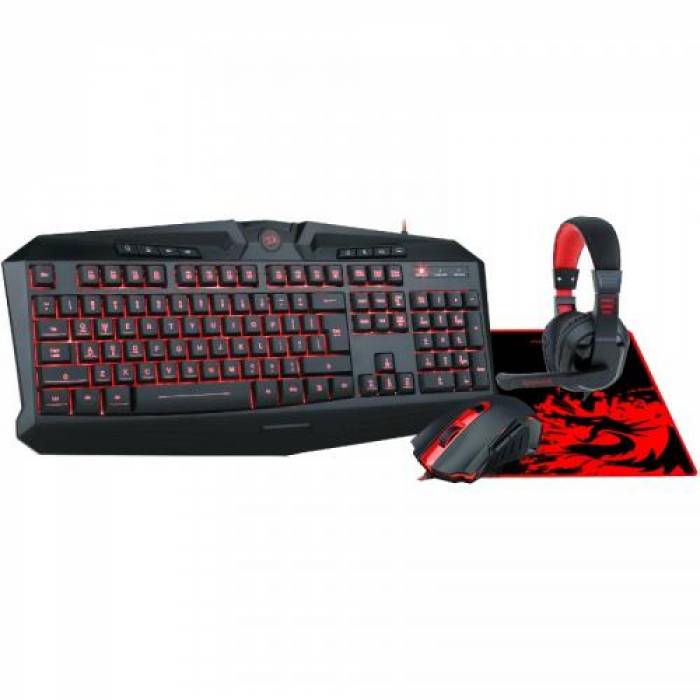 Kit Redragon - Tastatura Harpe Red LED, USB, Black + Mouse Optic Pegasus, USB, Black-Red + Casti Stereo Garuda, jack, Black-Red + Mouse Pad Archelon M, Black-Red