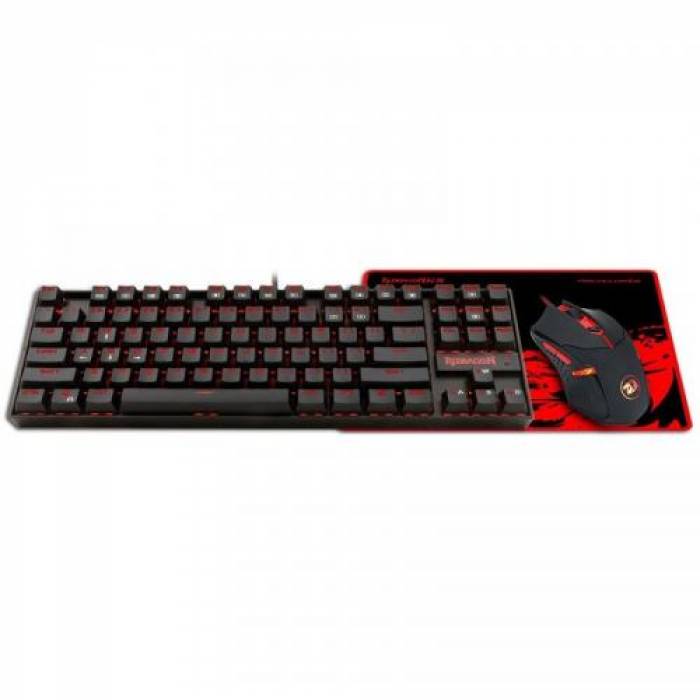 Kit Redragon - Tastatura Kumara, Red LED, USB, Black + Mouse Optic Centrophorus, USB, Black-Red + Mouse Pad Archelon M, Black-Red