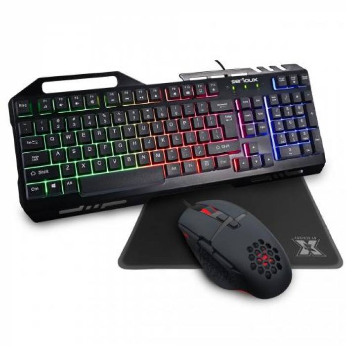 Kit Serioux Tobis - Tastatura, RGB LED, USB, Black + Mouse Optic, USB, Black + Mouse Pad, Black