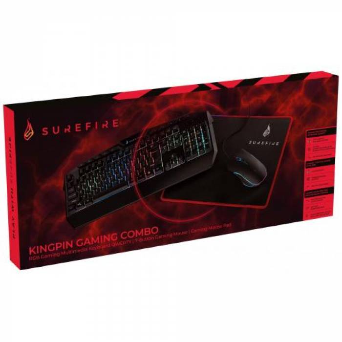 Kit Surefire by Verbatim Combo Set - Tastatura KingPin, RGB LED, USB, Black + Mouse Optic, RGB LED, USB, Black + Mouse Pad Silent Flight 320, Black