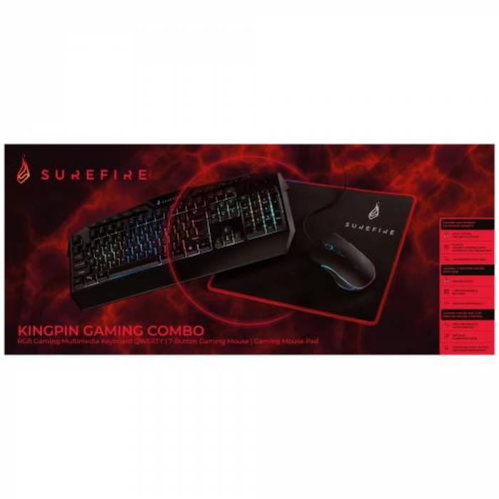 Kit Surefire by Verbatim Combo Set - Tastatura KingPin, RGB LED, USB, Black + Mouse Optic, RGB LED, USB, Black + Mouse Pad Silent Flight 320, Black