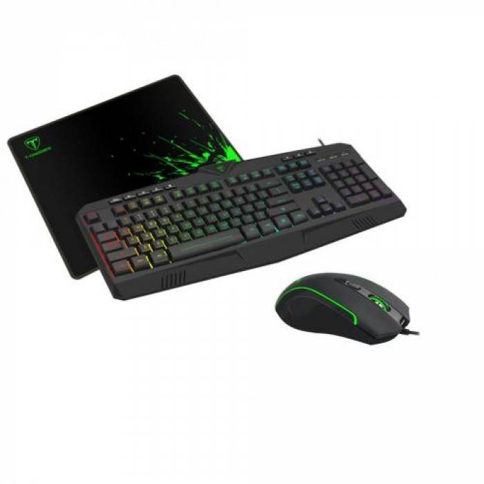 Kit T-Dagger 3 in 1- Tastatura, RGB LED, USB, Black + Mouse Optic, LED, USB, Black + Mouse Pad Lava M, Black