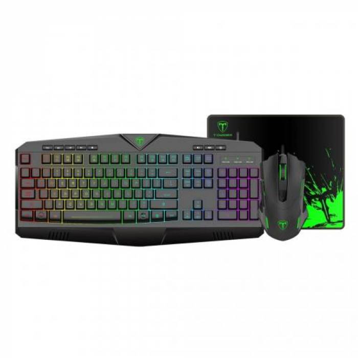 Kit T-Dagger 3 in 1- Tastatura, RGB LED, USB, Black + Mouse Optic, LED, USB, Black + Mouse Pad Lava M, Black