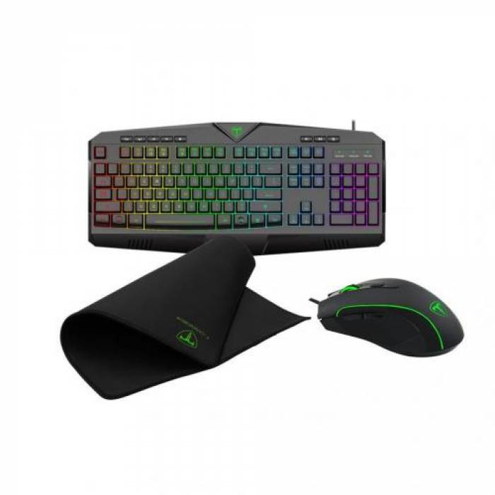 Kit T-Dagger 3 in 1- Tastatura, RGB LED, USB, Black + Mouse Optic, LED, USB, Black + Mouse Pad Lava M, Black