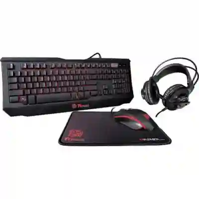 Kit Thermaltake Tt eSPORTS Kunckert - Tastatura, RGB LED, USB, Black  + Mouse Optic, USB, Black + Casti Stereo, jack, Black + Mouse Pad, Black-Red