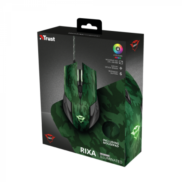 Kit Trust GXT 781 Rixa Camo - Mouse Optic, USB, Green + Mouse Pad, Green