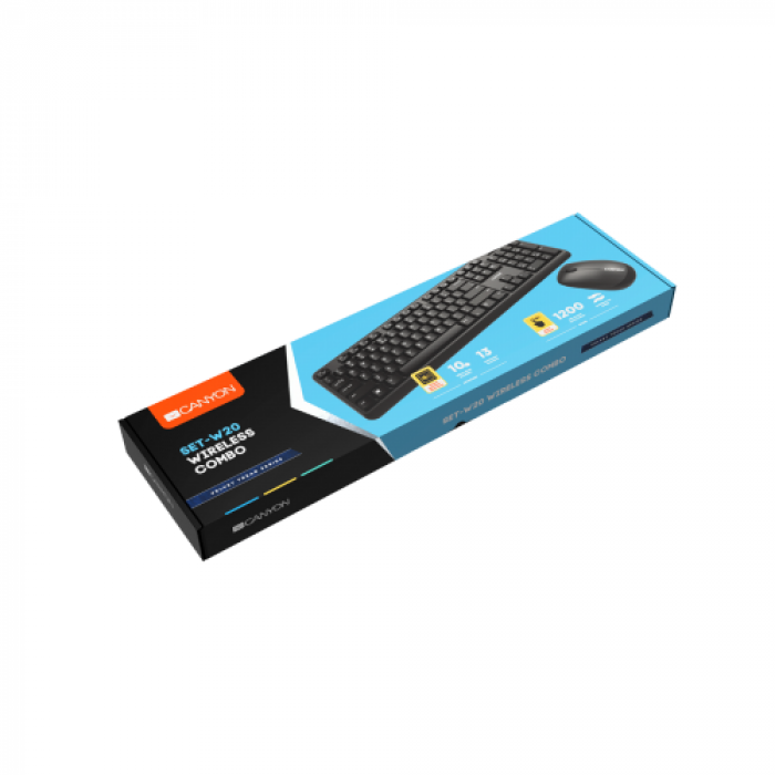 Kit Wireless Canyon SET-W20 - Tastatura, USB, Black + Mouse Optic, USB, Black - UK/US