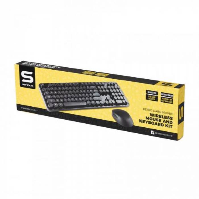 Kit Wireless Serioux Retro Dark 9900BK - Tastatura, USB, Black + Mouse Optic, USB, Black