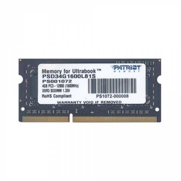 Memorie SO-DIMM Patriot 4GB, DDR3-1600MHz, CL11