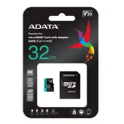 Memory Card microSDHC A-data Premier Pro 32GB, Class 10, UHS-I U3, V30, A2 + Adaptor SD