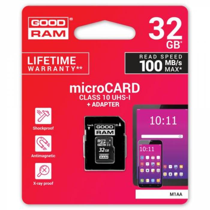 Memory Card microSDHC GOODRAM 32GB, Class 10, UHS-I U1 + Adaptor SD