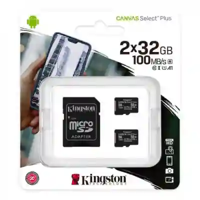 Memory Card microSDHC Kingston Canvas Select Plus 32GB, Class 10, UHS-I U1, V10, A1, 2Pack + Adaptor SD